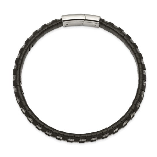 Stainless Steel Cable & Leather Bracelet